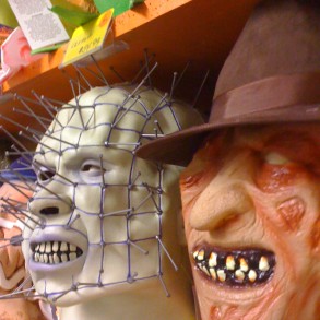Variety of scary masks Selection inside the store for Halloween
